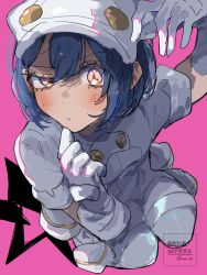  1girl aether_foundation_employee aether_foundation_uniform black_hair blush breasts dark-skinned_female dark_skin gloves hat highres jumpsuit looking_at_viewer newsboy_cap nintendo overalls pokemon pokemon_sm short_hair short_jumpsuit short_sleeves solo turtleneck_jumpsuit ume_(ume_445) white_gloves white_hat white_jumpsuit white_overalls 