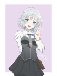  1girl absurdres black_necktie black_skirt blue_eyes blush breasts feet_out_of_frame happy highres kumi_cure medium_breasts military military_uniform necktie open_mouth sanya_v._litvyak short_hair simple_background skirt solo standing strike_witches teeth turtleneck twitter_username upper_teeth_only v white_hair world_witches_series 