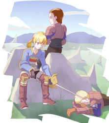  06erunium argath_thadalfus armor blonde_hair boots brown_hair commentary_request delita_heiral final_fantasy final_fantasy_tactics gloves male_focus multiple_boys ponytail ramza_beoulve sword thighhighs weapon 