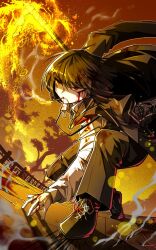  1girl black_hair black_pants black_shoes blood blood_on_clothes blood_on_face blood_on_hands bob_cut cigarette ehdbs1198 fire highres holding holding_sword holding_weapon jacket limbus_company open_clothes pants project_moon red_eyes ryoshu_(project_moon) shirt shoes short_hair smoke smoking solo sword weapon white_shirt 