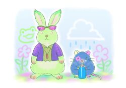  50qianmi animal animalization blue_fur clothed_animal dancing_green eyewear_on_head final_fantasy final_fantasy_xiv green_fur green_shirt holding holding_spray_can jacket jewelry looking_at_viewer mouse_(animal) necklace no_humans purple-tinted_eyewear purple_jacket rabbit shirt spray_can striped_clothes sugar_riot sunglasses tinted_eyewear vertical-striped_clothes 