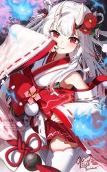  1girl blurry braid braided_hair_rings cherry_blossoms closed_mouth commentary_request depth_of_field detached_sleeves fang flower gradient_hair hair_between_horns hair_flower hair_ornament hair_rings hakama hakama_short_skirt hakama_skirt hand_up highres hololive horns japanese_clothes karma_(nakiri_ayame) kimono kito_koruta light_blush long_hair looking_at_viewer multicolored_hair nakiri_ayame nakiri_ayame_(shrine_maiden) nontraditional_miko obi official_alternate_costume official_alternate_hairstyle oni pom_pom_(clothes) print_kimono red_eyes red_hair red_hakama red_skirt sash shiranui_(nakiri_ayame) sidelocks skin-covered_horns skirt sleeves_past_wrists smile solo tabi thighhighs virtual_youtuber white_hair white_kimono white_thighhighs wide_sleeves yagasuri 