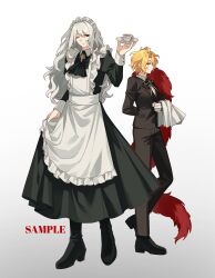  1boy 1girl absurdres alternate_costume apron ascot black_ascot black_dress black_jacket black_pants black_shoes blonde_hair bow bowtie butler collared_shirt crossdressing don_quixote_(project_moon) dress enmaided feather_boa female_butler full_body highres holding holding_plate jacket juliet_sleeves kamisiro_sora la_manchaland&#039;s_don_quixote_(project_moon) limbus_company long_hair long_sleeves looking_at_another maid maid_apron maid_headdress male_maid one_eye_closed pants parted_bangs plate project_moon puffy_sleeves red_eyes sancho_(project_moon) shirt shoes short_hair simple_background standing white_apron white_background white_hair white_shirt yellow_bow yellow_bowtie 