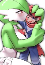 1boy 1girl alpha_pokemon assertive_female black_hair blue_eyes blush bob_cut breasts colored_skin forced_hug galaxy_expedition_team_survey_corps_uniform gardevoir gen_3_pokemon green_hair green_skin hair_over_one_eye hand_on_another&#039;s_head hand_on_another&#039;s_shoulder hat hetero highres interspecies large_breasts licking licking_another&#039;s_face looking_at_another multicolored_skin newsboy_cap nintendo open_mouth pero_(pero7762) pokemon pokemon_(creature) pokemon_legends:_arceus pokephilia red_eyes red_hat red_scarf rei_(pokemon) saliva scarf short_hair simple_background size_difference sweatdrop tall_female tongue tongue_out two-tone_skin white_background white_skin  rating:Sensitive score:8 user:danbooru