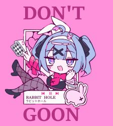  1girl absurdres ace_(playing_card) ace_of_hearts animal_ear_hairband animal_ears black_leotard black_ribbon blue_hair bracelet card chibi chibi_only commentary english_commentary english_text fake_animal_ears fast_forward_button fishnet_pantyhose fishnets full_body hair_ornament hairband hatsune_miku heart highres holding holding_card jewelry leotard melonbread pantyhose pink_background play_button playboy_bunny playing_card rabbit_ear_hairband rabbit_ears rabbit_hole_(vocaloid) red_ribbon rewind_button ribbon simple_background solo song_name twintails vocaloid wrist_ribbon x_hair_ornament x_x  rating:Sensitive score:3 user:danbooru