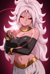  1girl absurdres android_21 arm_under_breasts bare_shoulders black_tube_top breasts cleavage colored_skin cowboy_shot dragon_ball dragon_ball_fighterz earrings glint harem_pants highres hoop_earrings jewelry large_breasts majin_android_21 pants pea-bean pink_hair pink_skin pointing pointing_at_viewer pointy_ears purple_background simple_background solo strapless tube_top white_pants 