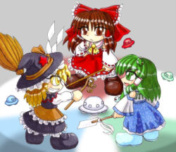  3girls ascot blonde_hair bow chibi chibi_only detached_sleeves frilled_bow frilled_hair_tubes frills frog frog_hair_ornament from_behind gohei green_eyes green_hair hair_bow hair_ornament hair_tubes hakurei_reimu hand_on_own_hip hat holding holding_gohei kirisame_marisa kochiya_sanae looking_at_another mail_(mail_gell) multiple_girls nontraditional_miko red_skirt ribbon_trim single_hair_tube skirt skirt_set smile snake_hair_ornament star_(symbol) touhou ufo undefined_fantastic_object witch_hat yellow_ascot 