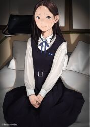  1girl absurdres artist_name bag black_dress blue_ribbon brown_eyes brown_hair collared_shirt commentary_request dress forehead futamotu highres long_hair long_sleeves neck_ribbon on_bed original pillow pinafore_dress ribbon school_bag school_uniform shadow shirt sitting sleeveless sleeveless_dress solo twitter_username variant_set watermark white_shirt 