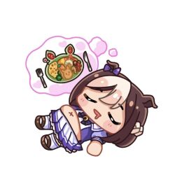  1girl :d animal_ears big_belly bloated blush_stickers bow brown_hair brown_shoes chibi closed_eyes commentary_request dreaming drooling ear_bow food fork full_body horse_ears knife lying moko39_takasora mouth_drool multicolored_hair navel on_back open_mouth plate pleated_skirt puffy_short_sleeves puffy_sleeves purple_bow purple_shirt school_uniform shirt shoes short_sleeves simple_background skirt sleeping smile socks solo special_week_(umamusume) tracen_school_uniform two-tone_hair umamusume white_background white_hair white_skirt white_socks x_navel 
