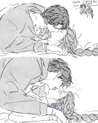  1boy 1girl blank_eyes blush bracelet braid breath closed_eyes couple drooling ear_blush french_kiss from_side half-closed_eyes hand_on_another&#039;s_chest hashtag-only_commentary heavy_breathing hetero highres hood hoodie interlocked_fingers jewelry jinu_(kpop_demon_hunters) kiss korean_text kpop_demon_hunters long_hair long_sleeves looking_at_another lying lying_on_person messy_hair montes4352 on_back open_mouth parted_bangs rumi_(kpop_demon_hunters) saliva saliva_trail short_hair single_braid sketch spot_color sweatdrop tongue tongue_out turtleneck upper_body 
