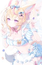  1girl absurdres animal_ear_fluff animal_ears animal_print apron bikini bikini_skirt blonde_hair blue_bikini blue_skirt bow bowtie braid breasts cleavage club_hair_ornament detached_sleeves diamond_hair_ornament employee_uniform english_text fox_ears fox_girl fox_tail frilled_apron frilled_bikini frills hair_ornament hair_ribbon hands_up heart heart_hair_ornament heart_in_eye highres hololive jersey_maid kio_is_here large_breasts leaning_forward leg_ribbon light_frown looking_at_viewer maid maid_bikini midriff miniskirt name_tag navel omaru_polka pink_ribbon puffy_sleeves purple_eyes rabbit_print ribbon short_hair side_braid simple_background skirt spade_hair_ornament stomach striped_bikini striped_clothes swimsuit symbol_in_eye tail thigh_ribbon thigh_strap thighhighs unconventional_maid virtual_youtuber white_apron white_background white_thighhighs white_wrist_cuffs wrist_cuffs 
