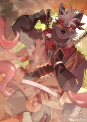  1boy absurdres animal_ears bara bulge chinese_commentary chinese_text commentary_request dog_boy dog_ears dog_tail fundoshi furry furry_male headband highres japanese_clothes male_focus muscular muscular_male red_fundoshi red_headband red_scarf scarf sheath sheathed sweat sword sword_on_back tadatomo_(housamo) tail tentacles tokyo_houkago_summoners translation_request watermark weapon weapon_on_back weibo_watermark yan_tou_bu_xi_yan yin_yang 
