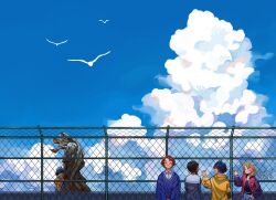 2boys 2girls 2others absurdres against_fence bird black_hair blonde_hair blue_coat blue_sky brown_hair character_request closed_eyes cloud cloudy_sky coat copyright_request fence fruiitlins highres iron_fence jacket laughing multicolored_jacket multiple_boys multiple_girls multiple_others outdoors purple_jacket short_hair sky smile talking upper_body yellow_jacket 