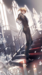  1boy absurdres arched_window ascot beckoning black_ascot black_jacket black_pants black_shoes black_suit blonde_hair candelabra candle candlestand carpet expressionless falling_petals flower formal_clothes frilled_shirt_collar frills full_body gloves hair_between_eyes hair_ornament hair_stick hand_on_own_chest haruko_(haruhello) highres indoors jacket lee:_entropy_(pgr) lee_(pgr) light_particles looking_at_viewer looking_back male_focus mechanical_wings mini_wings official_art oxfords pants petals pinstripe_pants pinstripe_pattern ponytail punishing:_gray_raven purple_eyes railing rose shoes short_ponytail sleeve_cuffs solo stairs standing suit sunlight wallet_chain white_flower white_gloves white_rose window wings 