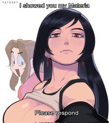 aerith_gainsborough black_hair breast_envy breasts breasts_out brown_hair corrupted_twitter_file crop_top earrings final_fantasy final_fantasy_vii final_fantasy_vii_rebirth final_fantasy_vii_remake girl_staring_at_guy&#039;s_chest_(meme) highres i_showed_you_my_dick_please_respond_(meme) jewelry large_breasts long_hair meme out-of-frame_censoring patosky red_eyes suspenders tank_top teardrop_earrings tifa_lockhart white_tank_top 