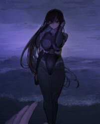  1girl adjusting_hair armor beach black_bodysuit black_hair bodysuit chinuki cloud cloudy_sky colored_sclera commentary_request eva_(hundred_line) gorget highres long_hair multicolored_hair orange_eyes out_of_frame pov pov_hands purple_streaks shoulder_armor sky solo_focus streaked_hair the_hundred_line_-last_defense_academy- water yellow_sclera 