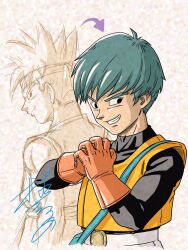  1boy adversarial_noise aqua_hair arrow_(symbol) bag black_eyes black_shirt commentary_request covered_collarbone dougi dragon_quest dragon_quest_iii dual_persona fist_in_hand gloves grin headband highres looking_back looking_to_the_side male_focus martial_artist_(dq3) murakami_yumiko orange_gloves pants profile shirt short_hair shoulder_bag signature smile solo spiked_hair thief_(dq3) toriyama_akira_(style) vest white_background white_pants yellow_vest 