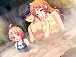 10s 2girls blush brown_hair embarrassed fingering game_cg green_eyes hair_ribbon highres koutaro kusakari_natane loli minazuki_izumi multiple_girls one-piece_swimsuit onsen open_mouth orange_eyes orange_hair partially_submerged ribbon school_swimsuit sitting stealth steam swimsuit tropical_kiss water rating:Questionable score:112 user:RndUser