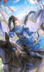  1girl armor arrow_(projectile) artist_request baggy_pants black_hair blue_hanfu blue_pants blue_ribbon blue_sky boots bow_(weapon) cape chinese_clothes closed_mouth day dutch_angle expressionless feet_out_of_frame floating_cape flock furrowed_brow game_cg grey_boots grey_cape hair_ribbon hanfu high_ponytail highres holding holding_bow_(weapon) holding_weapon horseback_riding knee_boots light_particles long_hair long_sleeves looking_to_the_side mingzhao_(shining_nikki) mountainous_horizon nikki_(series) official_art orange_eyes outdoors pants pauldrons ponytail puffy_long_sleeves puffy_sleeves reins ribbon riding saddle shining_nikki shoulder_armor simple_bird sky smoke solo spiraling_snow_(shining_nikki) sun tassel weapon 