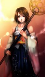  00s 1girl blue_hakama brown_hair detached_sleeves dissidia_012_final_fantasy dissidia_final_fantasy female_focus final_fantasy final_fantasy_x gurozuki hakama hakama_skirt heterochromia japanese_clothes md5_mismatch sasaki_ryou short_hair simple_background skirt solo staff yuna yuna_(ff10) 