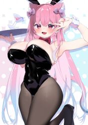  1girl animal_ear_fluff animal_ears bare_shoulders black_footwear black_leotard black_pantyhose blue_hair blush bow bowtie breasts cat_ears cat_tail cocktail cocktail_glass commission cup detached_collar drinking_glass fake_animal_ears fang gradient_hair hair_bow hands_up highres holding holding_tray large_breasts latex latex_leotard leotard long_hair looking_at_viewer multicolored_hair open_mouth original pantyhose pink_hair playboy_bunny purple_bow rabbit_ears red_bow red_bowtie red_eyes sin_pentagram skeb_commission skin_fang solo strapless strapless_leotard tail teeth tray w wrist_cuffs  rating:Sensitive score:8 user:danbooru