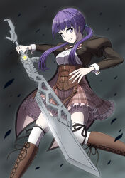  1girl absurdres assault_lily belt belt_buckle black_background black_ribbon blue_ribbon blunt_bangs boots bow bowtie breasts brown_belt brown_boots brown_jacket brown_skirt buckle buttons clenched_teeth coattails collared_shirt commentary_request corset debris feet_out_of_frame frilled_skirt frills gradient_background grey_background hair_ribbon hands_up highres holding holding_weapon jacket juliet_sleeves knee_boots lace-up_boots leg_ribbon leg_up long_sleeves looking_at_viewer low_twintails ludvico_private_girls&#039;_academy_school_uniform medium_breasts miniskirt multiple_belts open_clothes open_jacket parted_lips pink_bow pink_bowtie plaid_clothes plaid_skirt puffy_sleeves purple_eyes purple_hair ribbon school_uniform seto_veronica_ichika shirt sideways_glance skirt solo standing standing_on_one_leg teeth thigh_ribbon thighhighs twintails underbust v-shaped_eyebrows weapon white_shirt white_thighhighs yadoo 