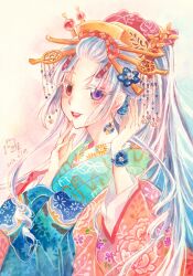  1girl artist_name bird comb corsage crane_(animal) dango_hair_ornament food-themed_hair_ornament hair_ornament hair_stick hands_up heterochromia japanese_clothes kanoko_(pattern) kanzashi kikkoumon kimono kiseru layered_clothes layered_kimono lipstick looking_at_viewer makeup multicolored_hair nekozuki_yuki oiran original red-crowned_crane red_lips smoking_pipe traditional_media yuujo 