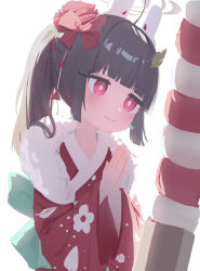  1girl absurdres alternate_costume alternate_hairstyle animal_ears black_hair blue_archive bow commentary fake_animal_ears grey_halo hair_bow halo hatsumoude highres japanese_clothes kimono leaf leaf_on_head miyu_(blue_archive) new_year nyune rabbit_ears red_bow red_eyes red_kimono simple_background solo white_background 
