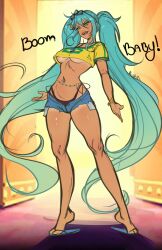  1girl absurdres aqua_eyes aqua_hair bare_legs bikini bikini_under_clothes black_bikini blue_shorts bracelet brazilian_flag brazilian_flag_print brazilian_miku breasts come_at_me_bro commentary cropped_shirt cutoffs denim denim_shorts english_text exposed_pocket eyewear_on_head flag_print flower full_body hair_flower hair_ornament hatsune_miku highres jewelry kushb large_breasts legs_apart long_eyelashes long_hair long_legs midriff multiple_bracelets navel navel_piercing no_bra open_clothes open_fly open_mouth open_shorts parody piercing red_lips sandals scene_reference shirt_tan short_shorts short_sleeves shorts shorts_tan smile solo stomach sunglasses swimsuit symbol-only_commentary tan tanline tanline_peek teeth the_emperor&#039;s_new_groove thick_thighs thighs tiptoes toned twintails underboob upper_teeth_only very_long_hair vocaloid 