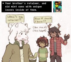  1boy 1girl 1other animal_ears antlers asriel_dreemurr brown_hair child december_holiday deer_antlers deer_ears deer_girl deltarune design_speculation english_text fingerless_gloves flannel freckles furry furry_female gloves goat_boy goat_ears grunge_(fashion) highres horn_hairband horns kris_(deltarune) reindeer_girl shirt short_hair siblings smile speech_bubble szivarvanyturmix02 tomboy 