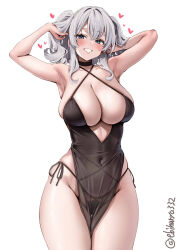  1girl armpits black_choker black_dress blue_eyes breasts choker cleavage commentary criss-cross_halter dress ebifurya grey_hair halterneck highres kantai_collection kashima_(kancolle) large_breasts long_hair looking_at_viewer panties parted_lips pelvic_curtain see-through_clothes see-through_pelvic_curtain side-tie_panties sleeveless sleeveless_dress smile solo string_panties twintails twitter_username underwear wavy_hair white_background 