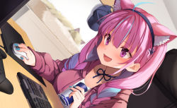 ahoge anchor_hair_ornament anchor_symbol animal_ear_fluff animal_ears baseball_cap blue_choker blue_neckwear blue_ribbon blunt_bangs blush braid can cat cat_ears cat_girl choker colored_inner_hair controller drink_can energy_drink extra_ears hair_ornament hairband hat highres hololive hood hoodie computer_keyboard long_hair long_sleeves minato_aqua minato_aqua_(sailor) computer_mouse multicolored_hair nail_polish purple_hair red_bull ribbon ribbon_choker shirt sleeves_past_wrists smile soda_can solo streaked_hair summer_tail720 twin_braids two-tone_hair virtual_youtuber white_shirt rating:Sensitive score:14 user:danbooru