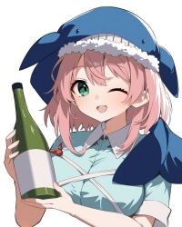  1girl ;d blue_hat blue_shirt blush bottle breasts collared_shirt commentary_request cropped_torso green_eyes hat highres holding holding_bottle large_breasts looking_at_viewer lotus_eaters okunoda_miyoi one_eye_closed open_mouth pink_hair shirt shishidonagi short_hair short_sleeves simple_background smile solo touhou whale_hat white_background 