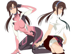 1girl adjusting_eyewear ass blue_eyes breasts brown_hair cottage glasses highres kneeling large_breasts legs long_hair looking_at_viewer makinami_mari_illustrious mecha_pilot_suit neon_genesis_evangelion panties plugsuit_(evangelion) school_uniform sideboob simple_background skirt smile thighhighs thighs twintails underwear white_background white_panties rating:Sensitive score:51 user:Kentabarou