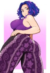  1girl armpit_crease ass bare_shoulders bell-bottoms boku_no_hero_academia breasts curvy evoltodraw hand_on_own_hip highres lady_nagant large_breasts looking_at_viewer looking_back multicolored_hair pants patterned_legwear pink_hair purple_background purple_hair purple_pants purple_shirt shirt short_hair solo streaked_hair thick_thighs thighs tight_clothes tight_pants two-tone_background two-tone_hair white_background wide_hips 