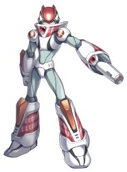 1boy arm_cannon armor artist_request character_name forehead_jewel full_body green_eyes helmet icarus_armor_x_(mega_man) male_focus mega_man_(series) mega_man_x8 mega_man_x_(series) red_light solo weapon white_armor white_background white_helmet x_(mega_man)