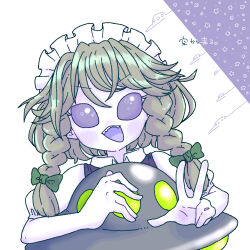  1girl :d absurdres alien blush bow braid commentary_request cookie_(touhou) green_bow hair_bow highres izayoi_sakuya kikuchi_(cookie) looking_at_viewer maid_headdress medium_hair muimui_(4242564muimui) open_mouth purple_eyes smile solo touhou twin_braids ufo upper_body v-shaped_eyebrows w 