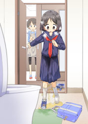 2girls bag bag_charm bathroom black_eyes black_hair blue_bag blue_footwear blush charm_(object) collarbone female_focus full_body heijitsu_(paapuu) highres loli multiple_girls open_mouth original pee pee_trail peeing peeing_self pink_footwear puddle pulling_own_clothes school_bag school_uniform serafuku unworn_shoe shoes short_hair single_shoe socks standing tearing_up toilet wet wet_clothes rating:Questionable score:24 user:MonsieurCinq