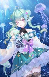  1girl commentary copyright_notice double_bun english_commentary finana_ryugu finana_ryugu_(2nd_costume) fins green_skirt hair_bun halterneck japanese_clothes jellyfish kimono long_hair looking_at_viewer mixed-language_commentary moemoepiano nijisanji nijisanji_en obi off_shoulder official_alternate_costume official_alternate_hairstyle official_art sample_watermark sash skirt solo tiara twintails virtual_youtuber watermark white_kimono 