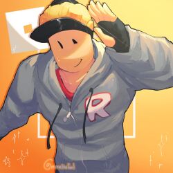  black_eyes builderman_(roblox) fingerless_gloves gloves grey_pants highres hood hooded_jacket hoodie jacket pants red_shirt roblox salute shirt smile sweatdrop zipper  rating:General score:6 user:Abraham01134