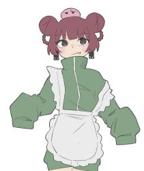  1girl :| alternate_hairstyle apron arataka_(a_fd94) blunt_bangs bocchi_the_rock! braid braided_hair_rings brown_eyes closed_mouth cowboy_shot double_bun fang green_track_suit hair_bun hair_rings highres hiroi_kikuri purple_hair simple_background solo track_suit very_long_sleeves white_apron white_background 