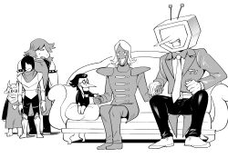  1girl 1other 4boys absurdres ant_tenna armlet armor belt belt_buckle buckle clenched_teeth couch crt daihonei1945 deltarune fang fist_shaking frown greyscale height_difference highres holding_hands jacket jewelry kris_(dark_world)_(deltarune) kris_(deltarune) looking_at_another medium_hair monochrome multiple_boys object_head on_couch open_mouth pants pointy_nose ralsei round_eyewear rouxls_kaard sharp_teeth shoes short_hair sitting sitting_on_pillow size_difference small_sweatdrop spamton_g._spamton spiked_armlet standing susie_(dark_world)_(deltarune) susie_(deltarune) tailcoat teeth vest 