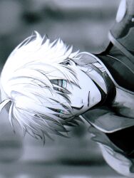  1boy absurdres blue_eyes choker closed_mouth commentary greyscale hashtag-only_commentary highres honkai:_star_rail honkai_(series) ieririr looking_to_the_side male_focus monochrome open_clothes open_shirt phainon_(honkai:_star_rail) popped_collar sanpaku sideways sideways_glance solo spot_color upper_body 
