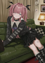  1girl absurdres black_boots black_collar black_hair black_ribbon black_shirt black_skirt boots closed_mouth collar couch ear_piercing gishiki_(gshk) green_eyes hair_over_one_eye hair_ribbon highres indoors light_blush long_sleeves multicolored_hair original piercing ribbon shirt skirt socks solo streaked_hair two_side_up white_socks 