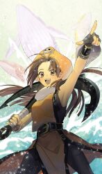  1girl :d anchor arm_up armpits belt belt_buckle brown_eyes brown_hair buckle check_copyright copyright_request fingerless_gloves fingernails gloves guilty_gear guilty_gear_xx hat hat_ornament highres holding holding_anchor imam_(oozlo) korean_commentary may_(guilty_gear) open_mouth orange_hat orange_shirt pirate pirate_hat pointing shirt skull_and_crossbones skull_hat_ornament smile straight_hair teeth upper_teeth_only water whale 