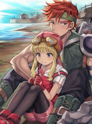  1boy 1girl absurdres agate_crosner armor beach beanie blue_sky boots brown_eyes cancanbaobao55 cloud eiyuu_densetsu fingerless_gloves flower glove_cutout gloves hair_between_eyes hat headband highres holding holding_flower jacket muscular muscular_male outdoors parted_bangs pauldrons purple_eyes red_gloves red_hair rose short_sleeves shorts shoulder_armor sidelocks single_pauldron sky sleeveless sleeveless_jacket smile sora_no_kiseki suspenders thighhighs tita_russell 