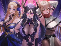  3girls armpits arms_behind_head belt blonde_hair blue_dress blue_eyes blush breast_hold breasts brown_hair character_request chest_jewel copyright_request detached_sleeves dress embarrassed gloves gradient_hair hand_on_own_chest horns jewelry large_breasts leotard long_hair multicolored_hair multiple_girls navel no_bra open_mouth orange_eyes pointy_ears purple_eyes purple_hair sakamuke see-through_clothes see-through_leotard serious sheer_gloves short_hair smile space star_(sky) torn_clothes 