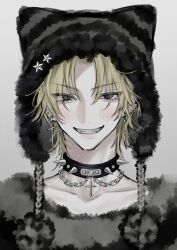  1boy absurdres black_collar black_fur black_hat blonde_hair blush chain chain_necklace collar collarbone cross cross_earrings ear_piercing earrings fangs fur_trim grey_background grey_eyes hair_between_eyes hat hat_ornament hat_with_ears highres jewelry looking_at_viewer male_focus necklace original oysi_mysi piercing pom_pom_(clothes) portrait simple_background slit_pupils smile solo spiked_collar spikes star_(symbol) star_hat_ornament stud_earrings twitter_username 