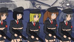  5girls animated animated_gif beast_anime black_hair blonde_hair blood blue_eyes blue_hair breasts brown_eyes brown_hair closed_mouth corpse death entrails explosion garter_straps gun guro hat holding holding_weapon large_breasts long_hair microskirt military military_hat military_uniform multiple_girls navel nipples no_bra organs original panties ponytail rifle short_hair skirt small_breasts soldier underboob underwear weapon white_panties  rating:Explicit score:9 user:tanaab1234567890