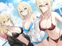  3girls absurdres angelica_rapha_redgrave bikini blonde_hair blue_eyes blue_sky bob_cut breasts cleavage cloud collarbone colored_tips cowboy_shot criss-cross_halter dutch_angle hair_bun halterneck hand_on_own_chest highres jacket large_breasts luse_maonang multicolored_hair multiple_girls navel noelle_zel_lespinasse novel_illustration official_art olivia_(mobseka) open_clothes open_jacket otome_game_sekai_wa_mob_ni_kibishii_sekai_desu pink_hair ponytail red_eyes second-party_source sky smile standing swimsuit yellow_eyes  rating:Sensitive score:8 user:danbooru